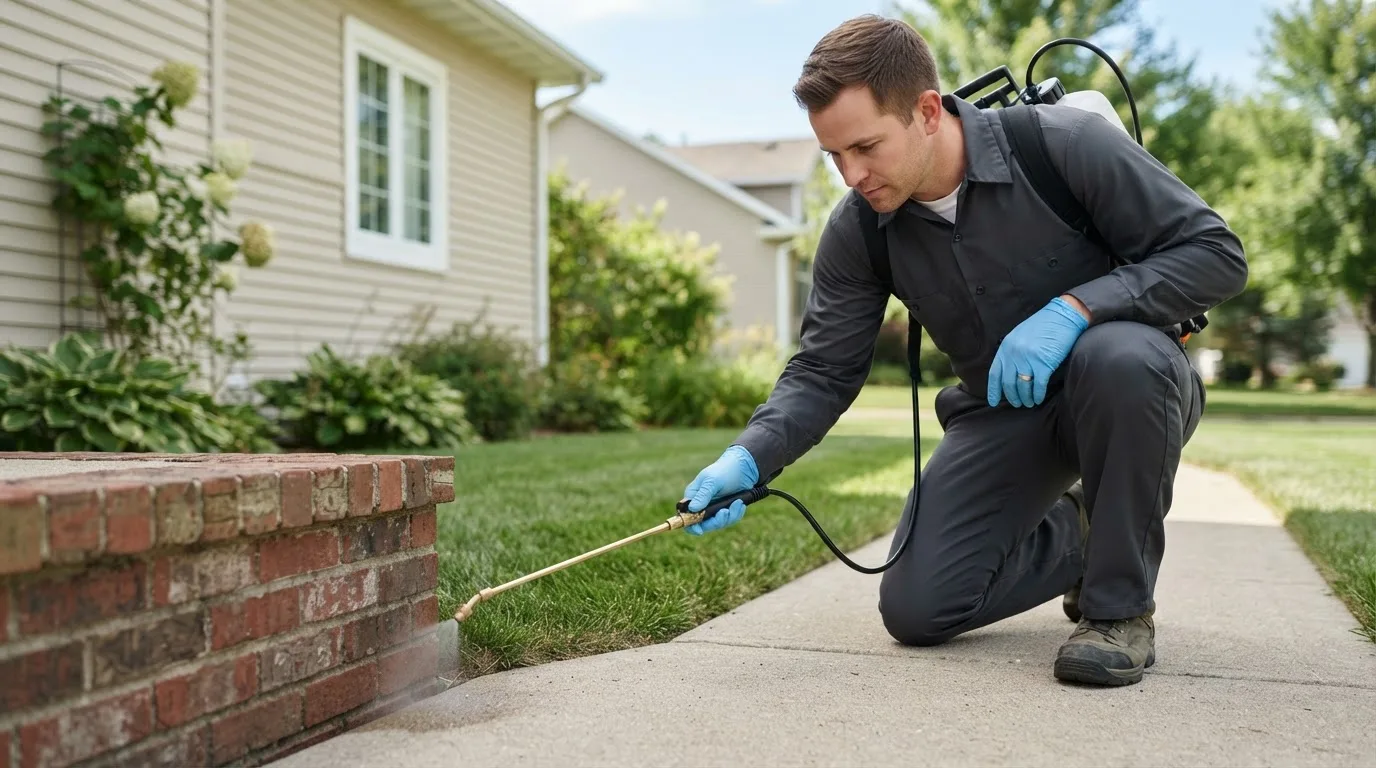 Pest control technician treating a home near Burkettsville, OH