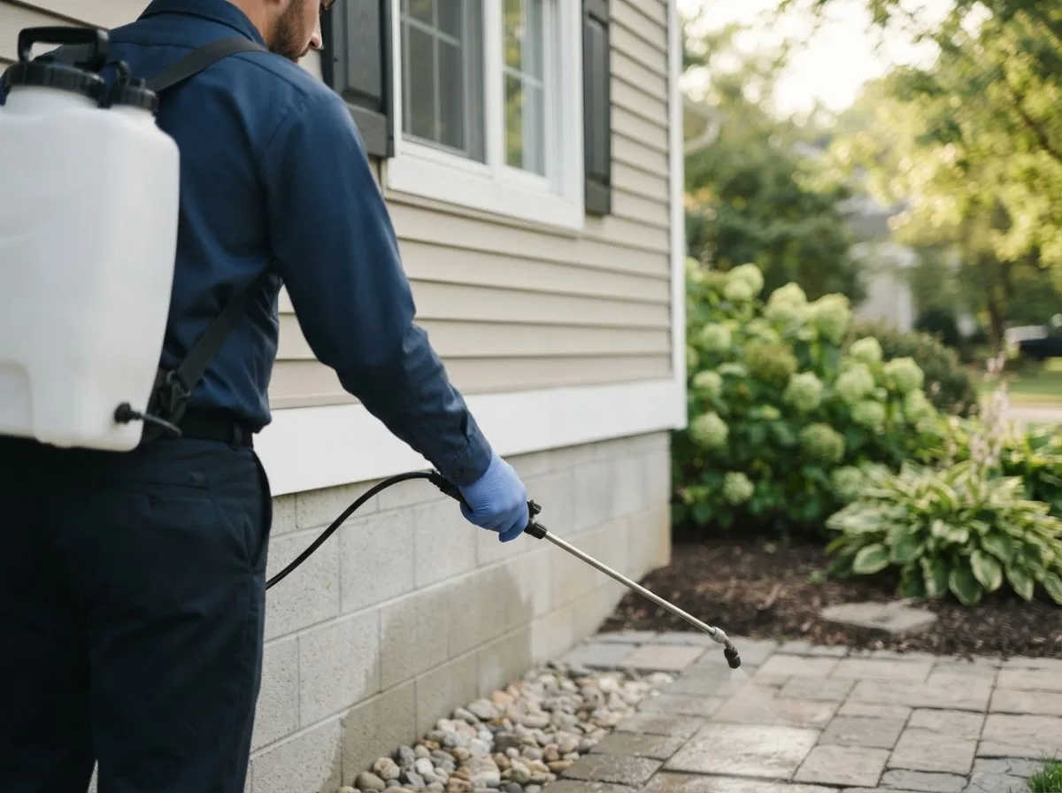 Pest control technician inspecting a home in Burkettsville, OH